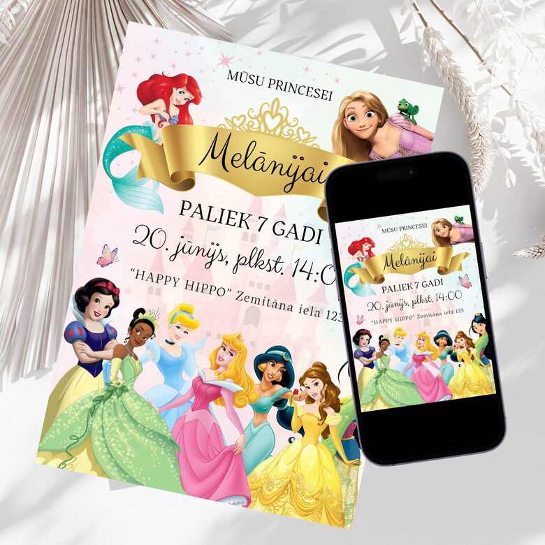 Princešu dzimšanas dienas digitāls ielūgums bērnu ballītei